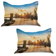 New York Knitted Quilt Pillowcover Set of 2, Cityscape of Brooklyn Bridge and Manhattan River Center of Culture Photo, Standard Queen Pillow Sham Bedroom, 30" x 20", Multicolor, by Ambesonne