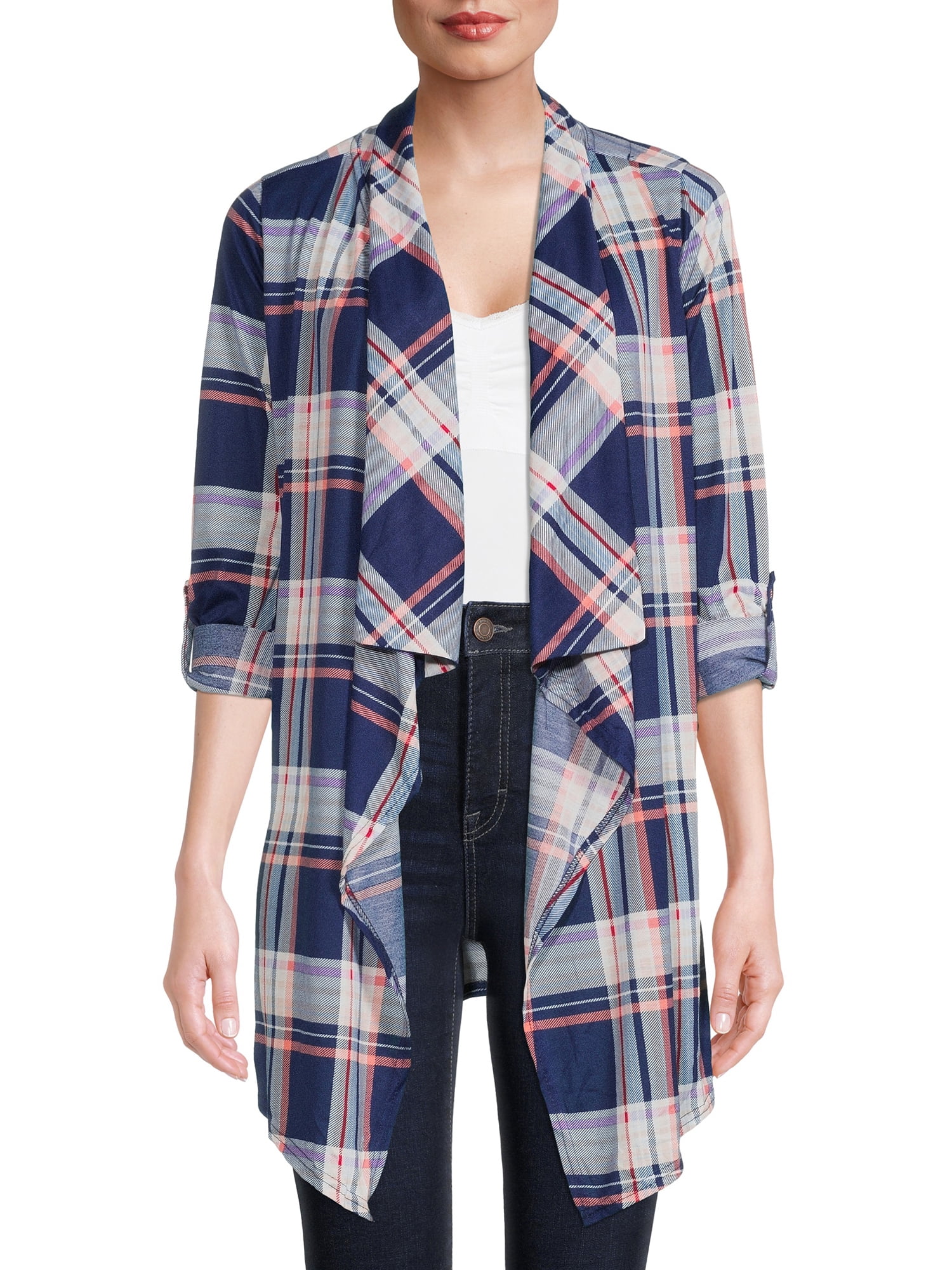 New York Laundry Womens Roll Tab Sleeve Drape Front Maxi Cardigan