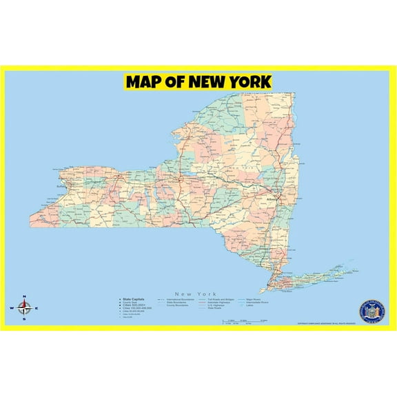 New York Map Poster - Laminated Wall Map - Style A - 24x36 - Ideal for Classrooms and Homes – Features Bright Colors and Vivid Imagery
