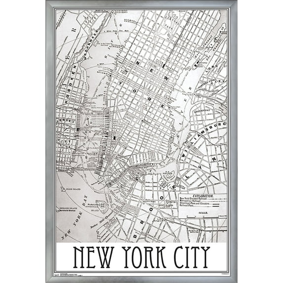 New York Map Wall Poster, 22.375" x 34", Framed