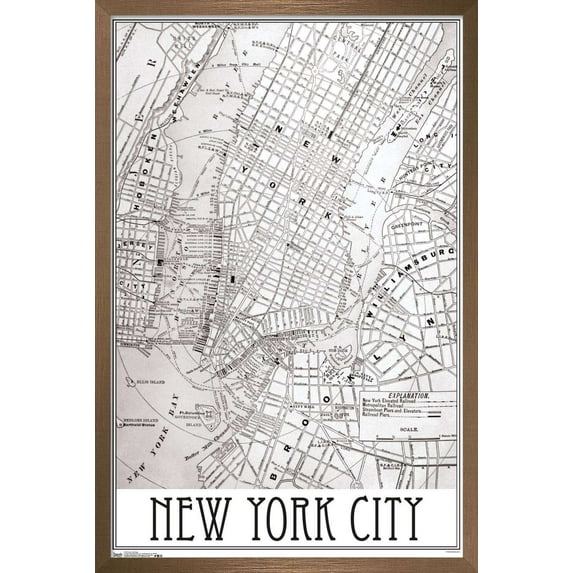 New York Map Wall Poster, 22.375" x 34", Framed