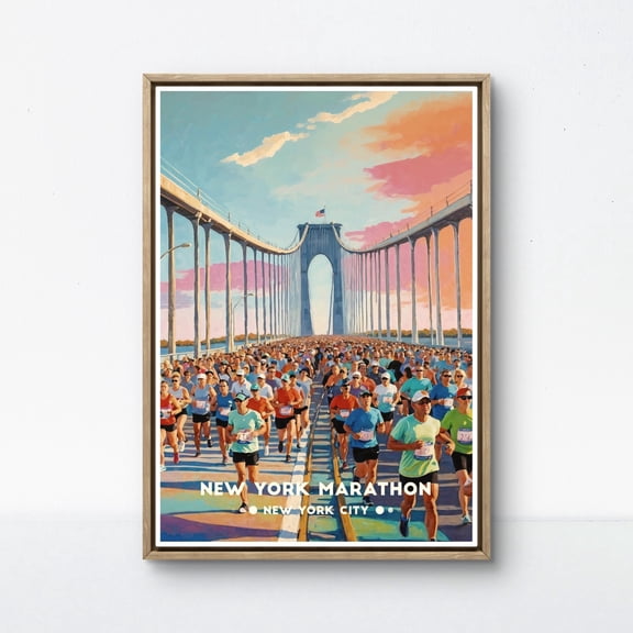 New York Marathon Poster New York City Verrazzano Bridge Runners Sunset Usa Sporty Gift Marathon Art Athletic Decor Running Lovers, Poster Only