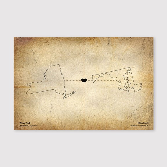 New York to Maryland State Connection Map Canvas Wall Art 8x12 inch -New York to Maryland State Connection Map Distressed Vintage Canvas Decor for Farmhouse Wall Decoration