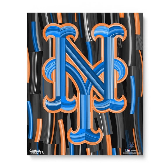 New York Mets Stretched 16" x 20" Embellished Canvas Giclee Print - Art by Charlie Turano III - Black