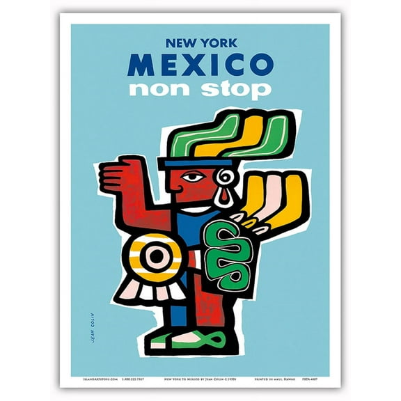 New York Mexico Non Stop - Aztec Art - Vintage Airline Travel Poster by Jean Colin c.1950s - Master Art Print (Unframed) 9in x 12in