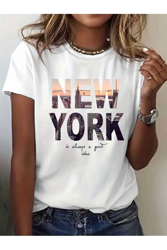 New York Monogram Printed T Shirt, Summer and Spring Short Sleeve Crew Neck Casual Top, Women's