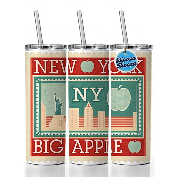 New York NY Big Apple State Travel Vacation Stamp 20oz Insulated Water Bottle Skinny Tumbler Includes Straw
