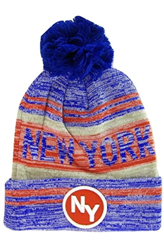 New York NY Patch Fade Out Cuffed Knit Winter Pom Beanie Hat (Royal/Red)
