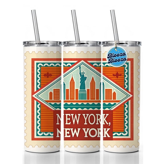 New York NY Skyline Travel Vacation Stamp 20oz Insulated Water Bottle Skinny Tumbler Includes Straw