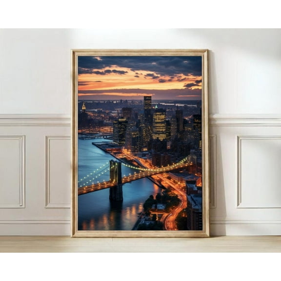 New York NYC Empire State Nyc Map Skyline Brooklyn Bridge Wall Art, Stretched Canvas Size 8x12