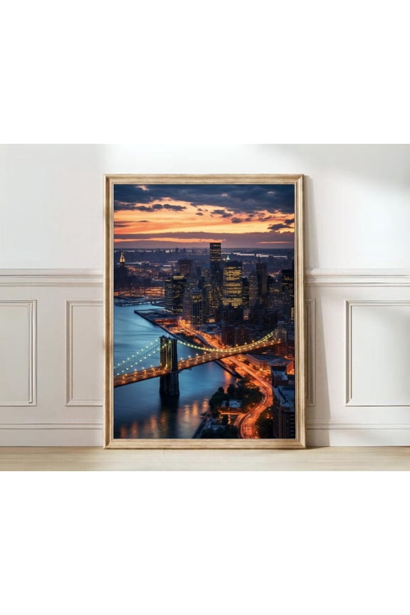 New York NYC Empire State Nyc Map Skyline Brooklyn Bridge Wall Art, Unframed Canvas Size 24x36