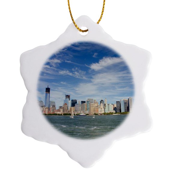 3drose, New York, New York. Manhattan City Skyline with the Freedom Tower., 3 inch Snowflake Porcelain Ornament