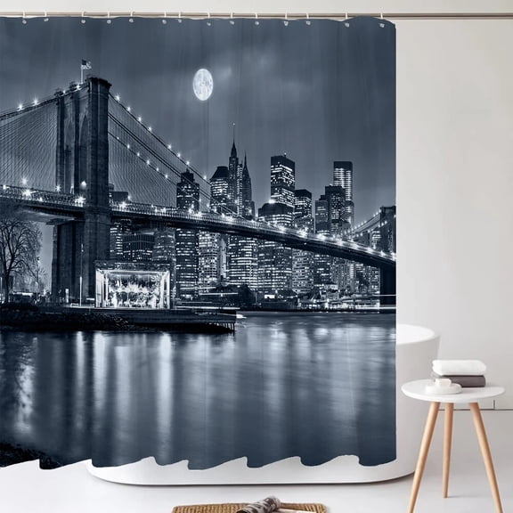 New York Night Landscape Shower Curtain City Bridge Building Bath Curtains 3D Retro Black White Photo Bathroom Decors Curtain