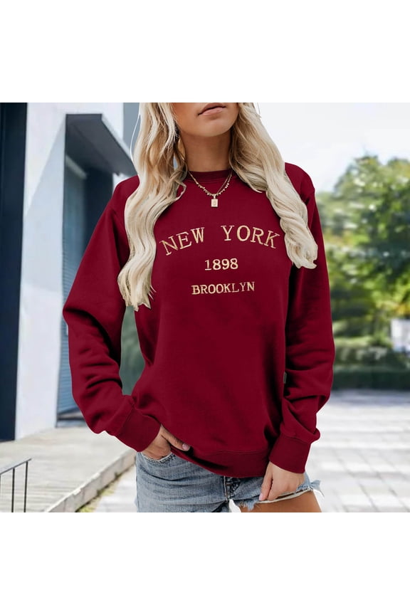 New York Print Women's Sweatshirt 1898 Brooklyn Long Sleeve Crewneck Regular Fit Fall Trendy Pullover Sweater