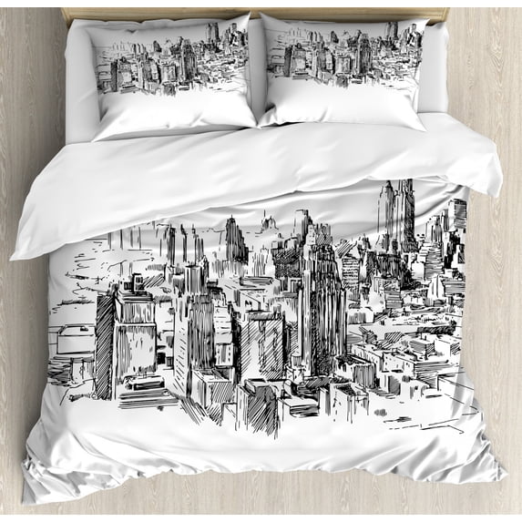 New York Queen Size Duvet Cover Set, Sketchy New York Historical Western Center Downtown Modern USA Illustration Print, Decorative 3 Piece Bedding Set with 2 Pillow Shams, Grey White, by Ambesonne