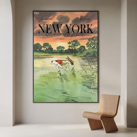 New York Rainstorm Art Poster, Vintage Editorial-Style Landscape Poster, Retro Stormy Scene Wall Decor Va-T10-411, Stretched Canvas Size 12x18