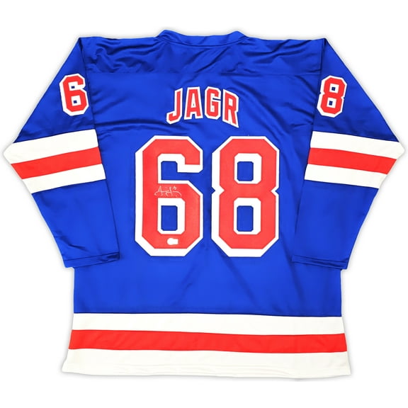 New York Rangers Jaromir Jagr Autographed Blue, Red & White Jersey Beckett BAS Witness 221070