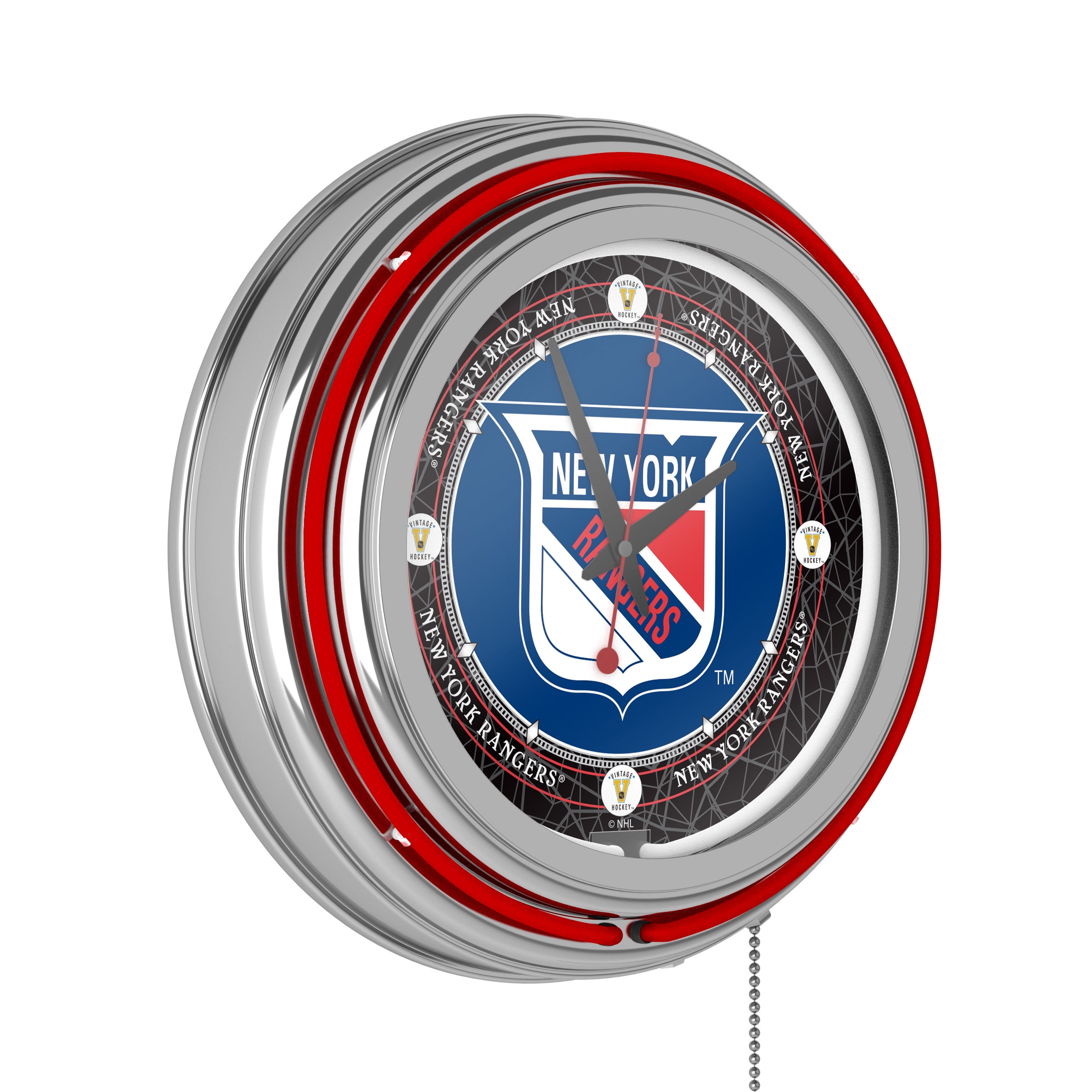 New York Rangers Throwback Retro Neon Analog Wall Clock with Pull Chain
