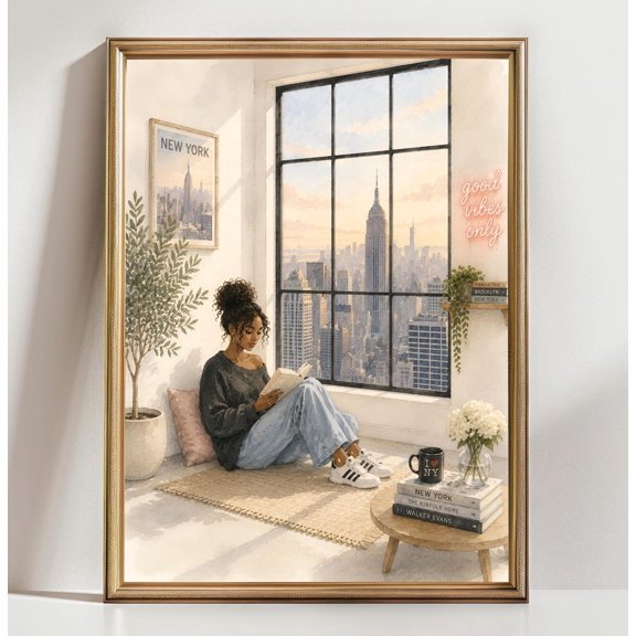 New York Reading Window Skyline Wall Art Decor Unframed Paper Print