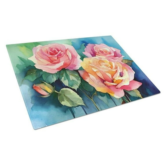 New York Roses in Watercolor Glass Cutting Board Large 12 in x 15 in