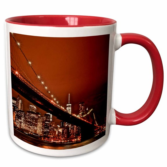 3drose, New York Scene of the Brooklyn Bridge and Manhattan Skyline at Night, 11oz Two-tone Red Mug