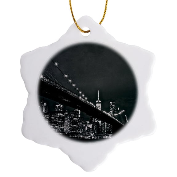 3drose, New York Scene of the Brooklyn Bridge and Manhattan Skyline at Night, 3 inch Snowflake Porcelain Ornament