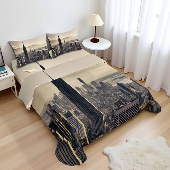 Ambesonne United States Fitted & Top Sheet Set with Shams, NYC Winter Time, Beige Grey