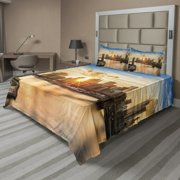 New York Sheet Set, Cityscape of Brooklyn Bridge and Manhattan River Center of Culture Photo, Fitted and Flat Sheet with Pillowcases Bedding Accent 4 Piece Set, King, Multicolor, by Ambesonne