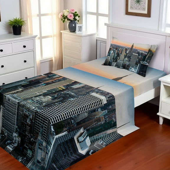 Ambesonne New York Fitted & Top Sheet Set with Sham, NYC Manhattan Skyline Dusk, Grey and Orange