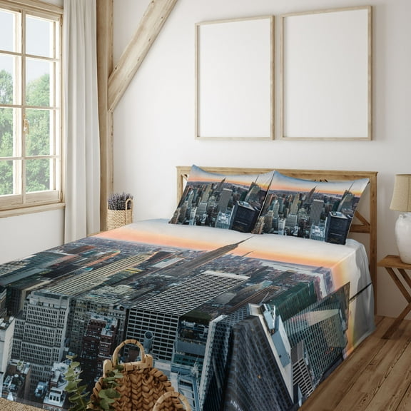 Ambesonne New York Fitted & Top Sheet Set with Shams, NYC Manhattan Skyline Dusk, Grey and Orange