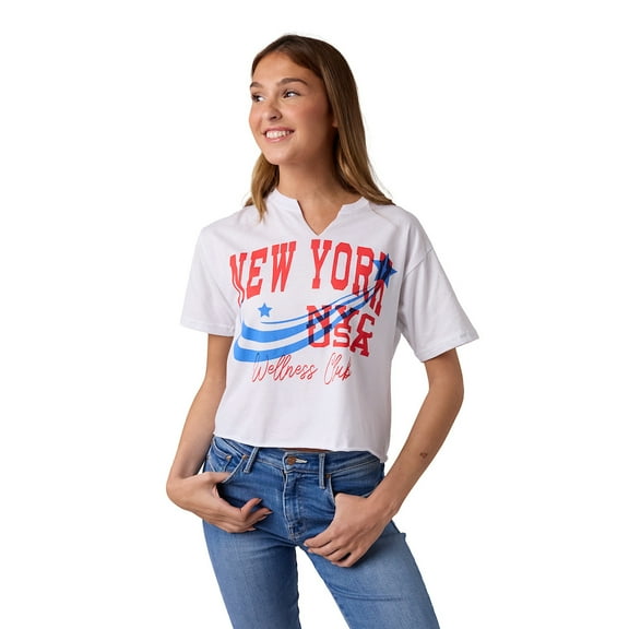 New York Shooting Star NYC USA Women's White V-Neck Short Sleeve Cropped Tee - Medium
