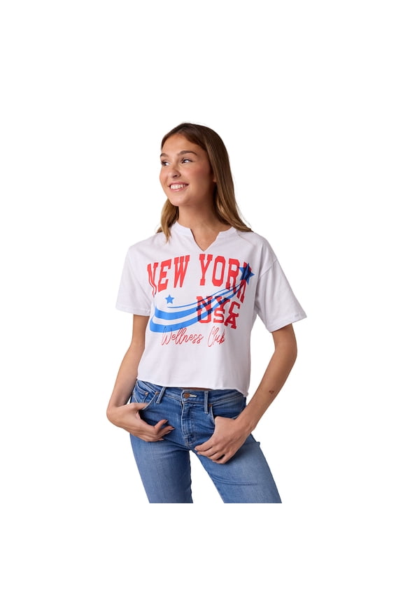 New York Shooting Star NYC USA Women's White V-Neck Short Sleeve Cropped Tee - Medium