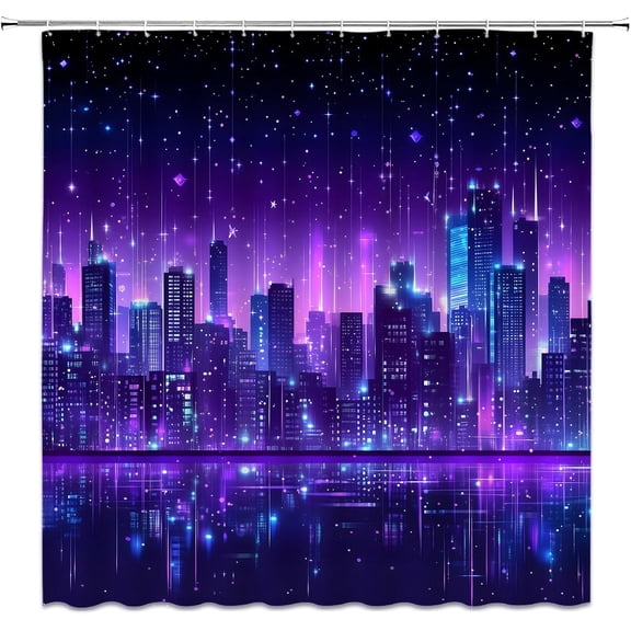New York Shower Curtain City Night Cityscape Skyline Business Building Scenery Bathroom Curtain Fabric with Hooks-36"W x 72"L (Pack of 1)