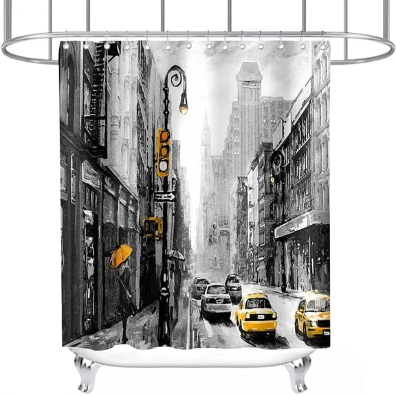 New York Shower Curtain Grey Night City Bathroom Curtain City View Modern Life Theme Waterproof Polyester Fabric with 12