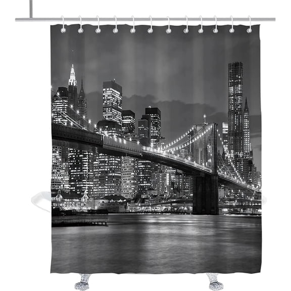 New York Shower Curtain Grey Night City Bathroom Curtain City View Modern Life Theme Waterproof Polyester Fabric with 12