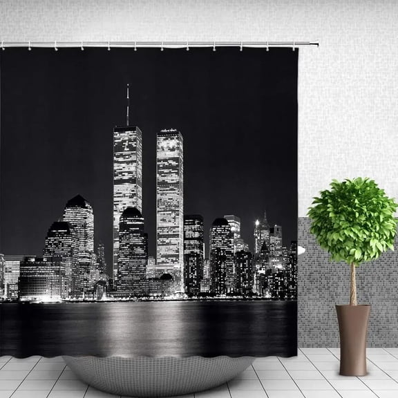 New York Shower Curtain Grey Night City Bathroom Curtain City View Modern Life Theme Waterproof Polyester Fabric with