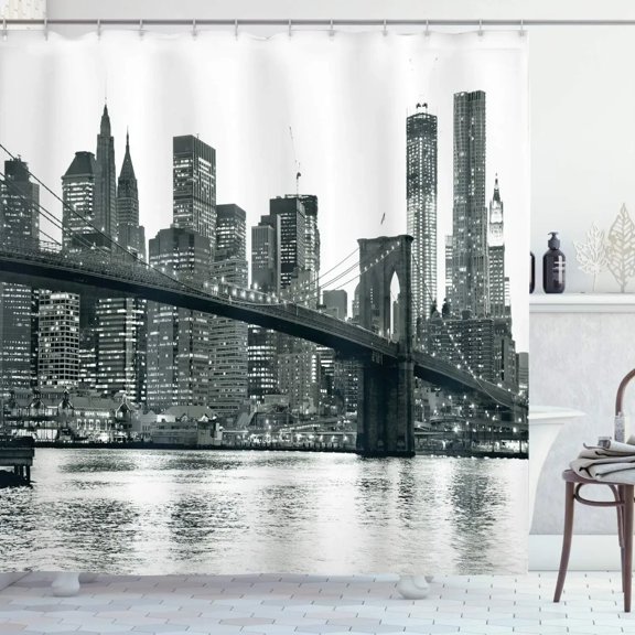 New York Shower Curtain Grey Night City Bathroom Curtain City View Modern Life Theme Waterproof Polyester Fabric with