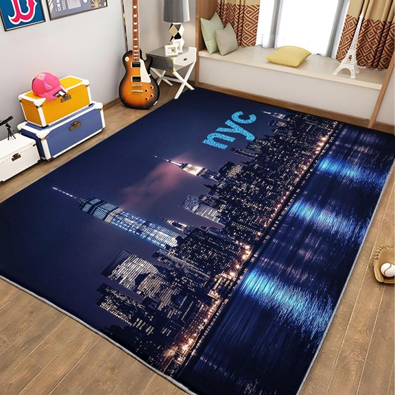 New York Skyline Area Rugs, Empire State Building Night Carpet, Washable Non Slip Low Pile Soft Rug for Living Room Bedroom Office Home Decor Mat 5x8ft