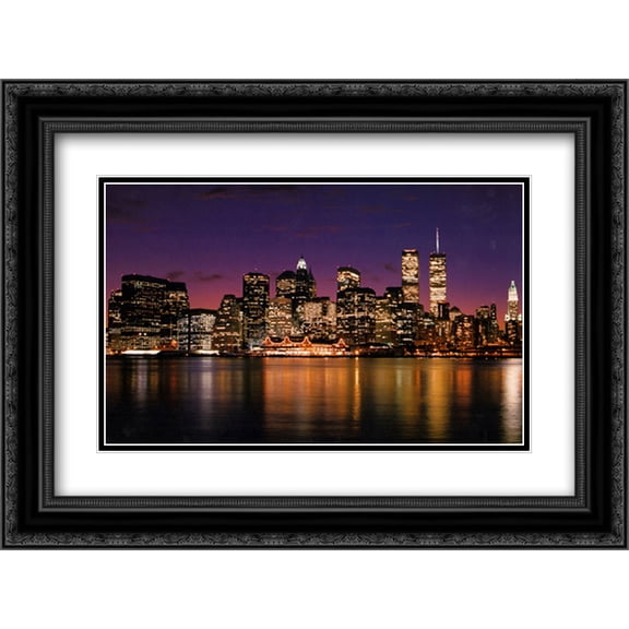 New York Skyline At Night 2x Matted 20x16 Black Ornate Framed Art Print by Bill Ross