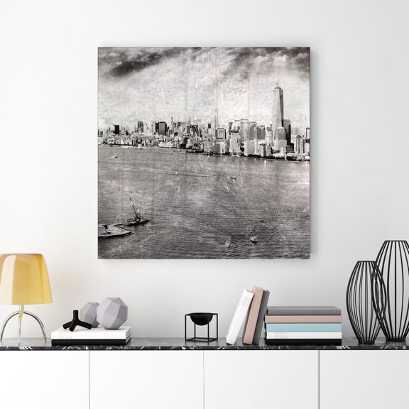 "New York Skyline B" Reverse Printed Tempered Glass with Silver Leaf