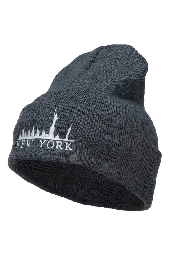 New York Skyline Embroidered Long Beanie - Dk Grey OSFM