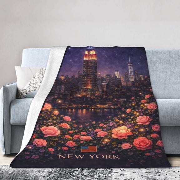 New York Skyline Floral Blanket Gift Throw Blanket Cozy Soft Home Decor Gift for Travel Lovers Night City Style 50x40