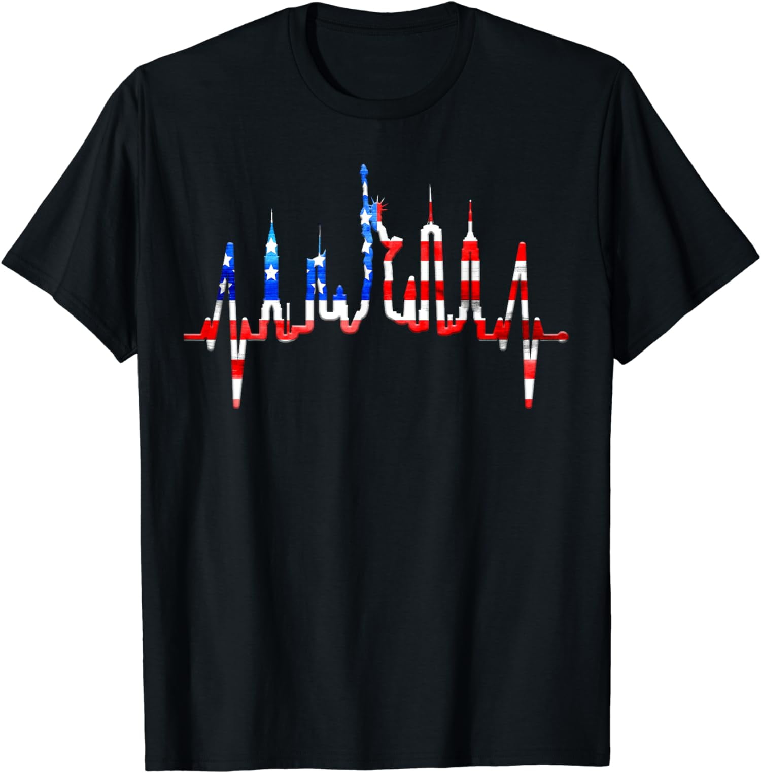 New York Skyline Heartbeat Flag Statue Of Liberty New York T-Shirt ...