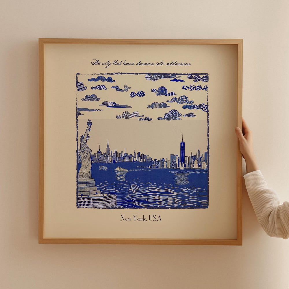 New York Skyline Liberty City View Art Illustrated Manhattan Square ...