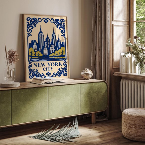 New York Skyline Retro Blue Unframed Paper Print