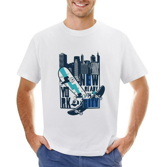New York Skyline Skateboard Vintage T-shirt Mens Cotton Classic Crewneck Short Sleeve Tees Unisex White M