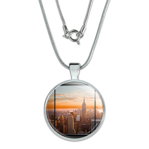 New York Skyline Sunset Penthouse Suite View 1" Pendant with Sterling Silver Plated Chain