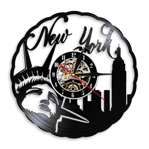 New York Skyline Vintage Vinyl Record Wall Clock NYC Statue of Liberty Freedom Wall Art America Travel Gift Home Interior Design Without LED