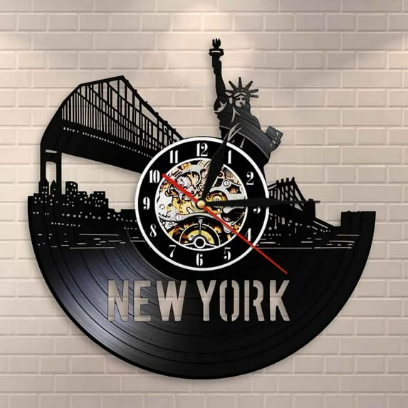 New York Skyline Vinyl Wall Clock,Vinyl Record Clock Wall Art Black Handmade Art Home Unique Gift idea