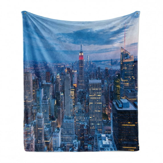 New York Soft Flannel Fleece Blanket, Aerial Night View of NYC with Dusk Sky Cloudy Sunset in City Fashion Capital Art Photo, Cozy Plush for Indoor and Outdoor Use, 60" x 80", Blue, by Ambesonne